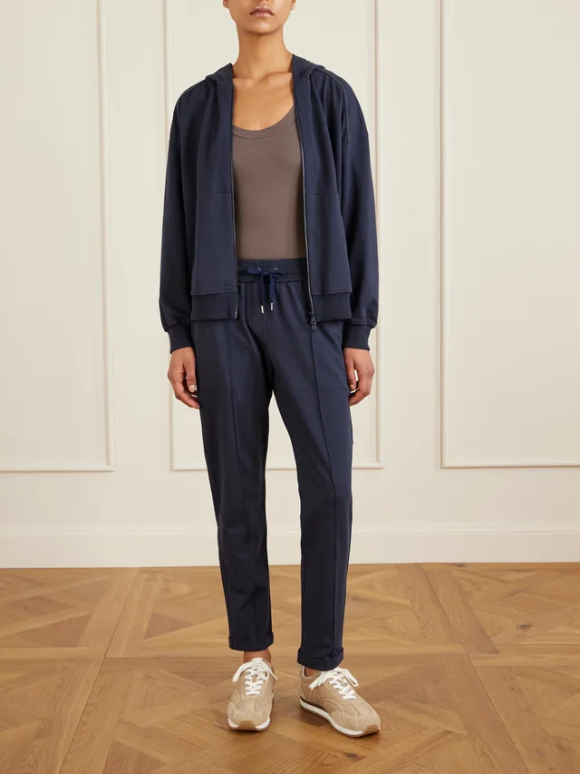 BRUNELLO CUCINELLI Bead-embellished cotton-blend jersey track pants in Blue, photo 2 of 2 from NET-A-PORTER (Canada)