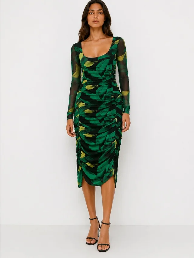 GANNI Tulle Ruched Gathered Bodycon Midi Dress Green Floral Print in green|black from Poshmark, photo 2 of 3