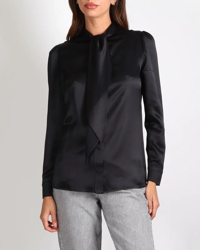 Saint Laurent Black Silk Shirt with Tie Knot Detail Size FR 38 (UK 10) in Black Silk from Sellier