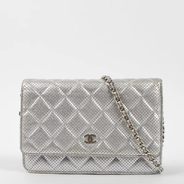 Chanel Silver Perforated Classic Wallet On Chain Bag in Silver Woven leather from Labellov