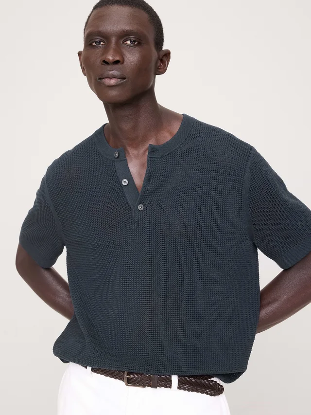 Banana Republic Cotton-Silk Short-Sleeve Henley Sweater in Blue from Banana Republic (Canada), photo 1 of 1