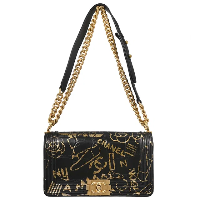 Boy Chanel 2019 Black Calfskin Graffiti Medium Chain Shoulder Bag in Black Calfskin from AMORE Vintage Tokyo