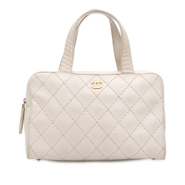 White Chanel CC Lambskin Wild Stitch Handbag in White Lambskin from Designer Revival