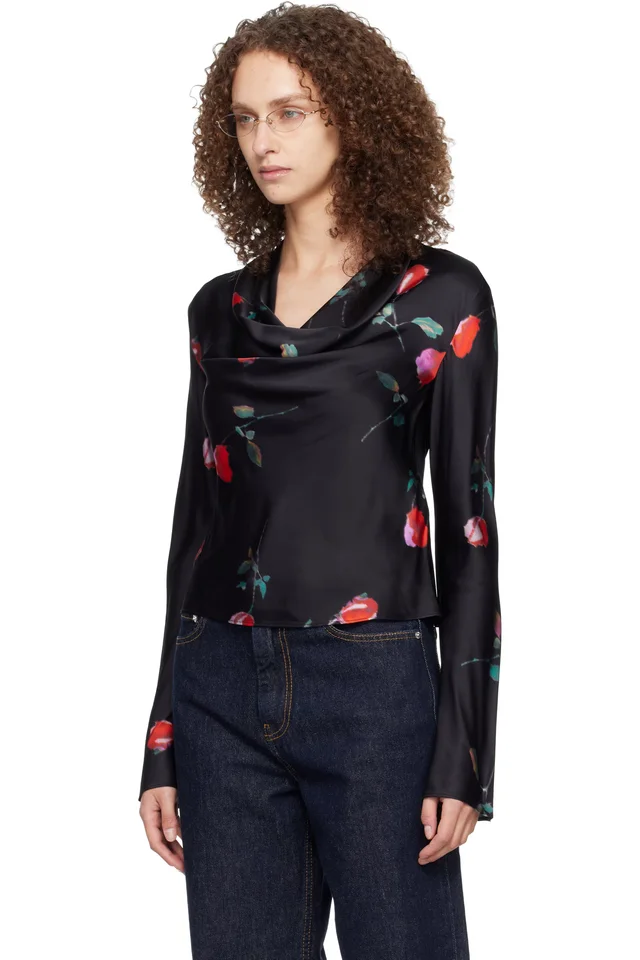 GANNI Black Printed Satin Blouse, photo 4 of 5 from SSENSE