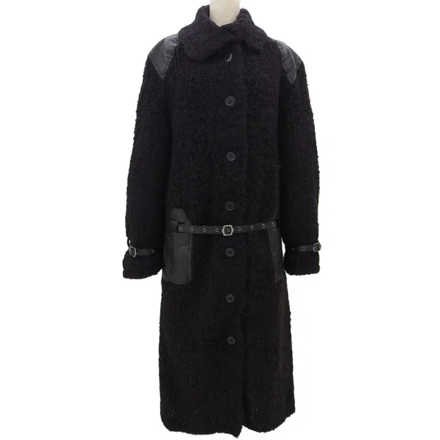 Dior Wool Leather Combo Logo Belt Long Coat #42 Black in Black Wool from VINTAGE QOO TOKYO