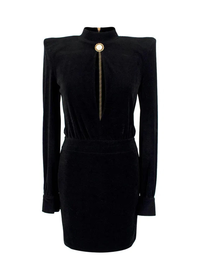Balmain Black Velvet Cut-Out Structured Mini Dress with Pearl Embellishment in Black Velvet from HEWI