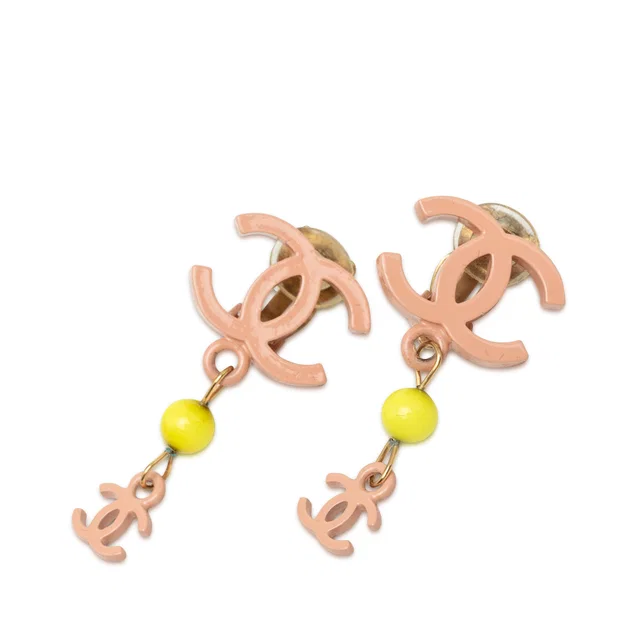 Pink Chanel CC Gold Plated Resin Drop Clip On Earrings in Pink Resin from Designer Revival