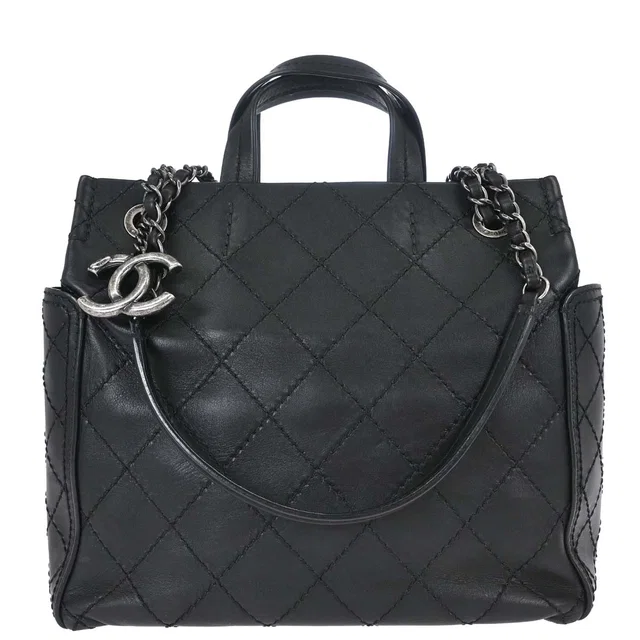 Chanel 2015-2016 Black Calfskin Wild Stitch CC Pocket Tote 2way Handbag in Black Calfskin from AMORE Vintage Tokyo