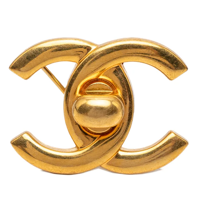 Gold Chanel CC Gold Plated Turn Lock Brooch in Gold from Designer Revival