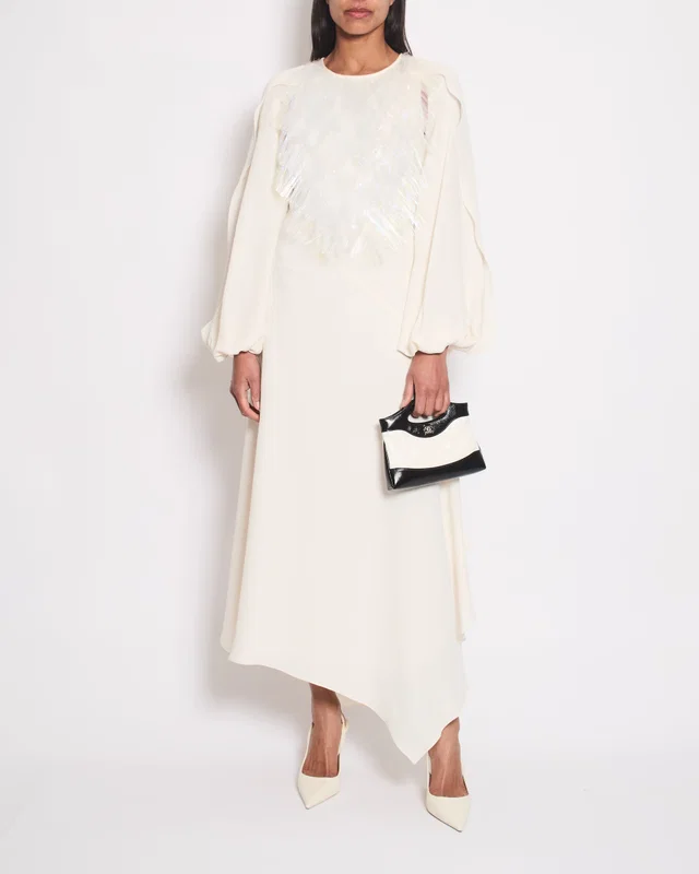 Loewe Ivory Long Sleeve Maxi Dress with Fine Polimer Fringe Appliqué Size 38 (UK 10) in White from Sellier