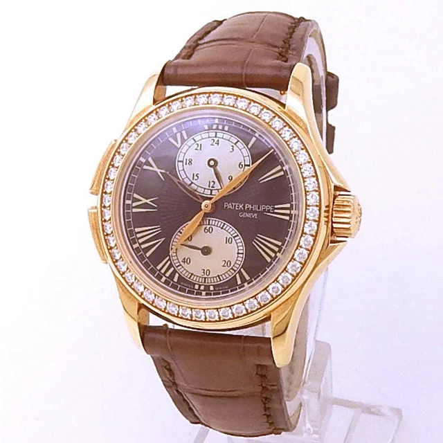 Patek Philippe Calatrava Travel Time Hand Wind Diamond Brown Dial Mens Watch 4934R-001 in brown|red|gold|pink Leather from Jomashop.com