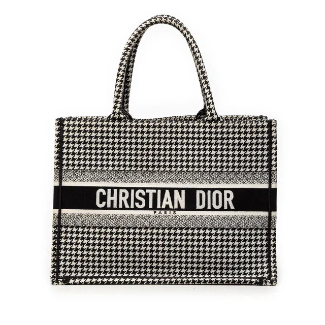 Black Dior Medium Canvas Houndstooth Embroidered Book Tote in Black Canvas from Designer Revival
