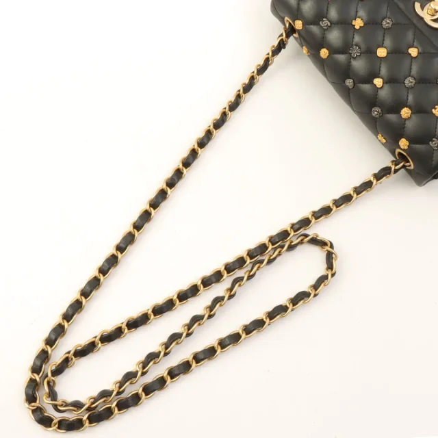 Chanel Around 2018 Made Studded Icon Lucky Charm Classic Flap Chain Bag Black in Black Lambskin from VINTAGE QOO TOKYO, photo 11 of 13