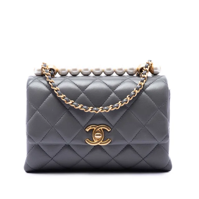 Gray Chanel Paris Manchester Small Quilted Lambskin Faux Pearl Flap Crossbody Bag in Grey Lambskin from Designer Revival