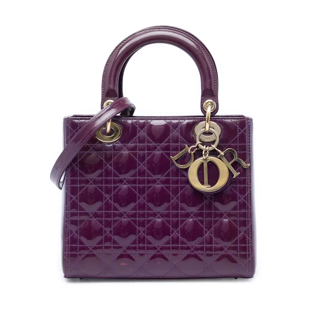 Purple Dior Medium Patent Cannage Lady Dior Satchel in Purple Patent leather from Designer Revival