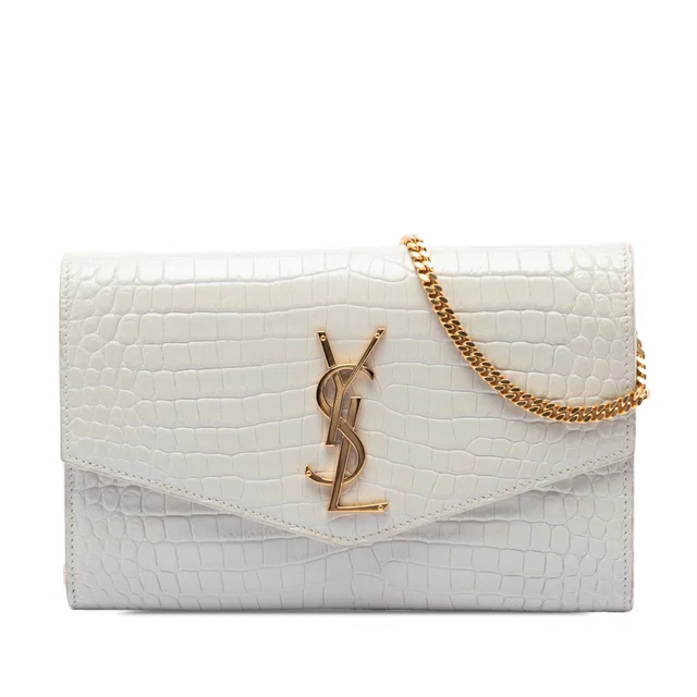 White Saint Laurent Croc Embossed Leather Uptown Chain Wallet Crossbody Bag in White Crocodile from Designer Revival