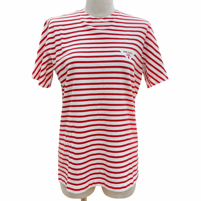 Prada 100% Cotton Triangle Logo Border Pattern Short Sleeve T-Shirt Red White XS in White from The Reluxe