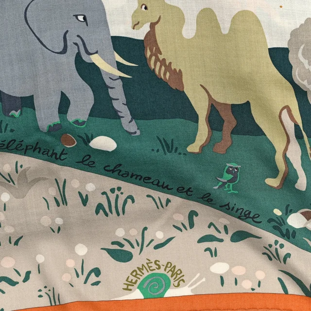 Hermès Cashmere Silk Le Livre D'Esope Shawl 140 Orange Vert Bleu Ciel in Blue Silk from FASHIONPHILE, photo 2 of 3