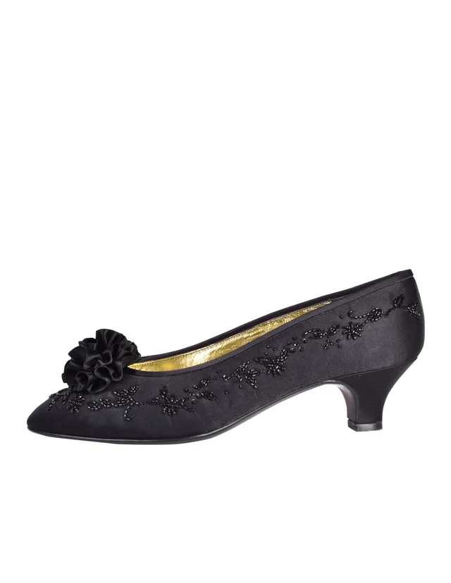 Chanel Vintage 1980s Black Beaded Embellished Satin Low Heel Pumps in Black Satin from Amarcord Vintage Fashion