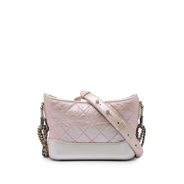 Pink Chanel Small Iridescent Quilted Aged Calfskin Gabrielle Hobo Crossbody Bag in Pink Calfskin from Designer Revival