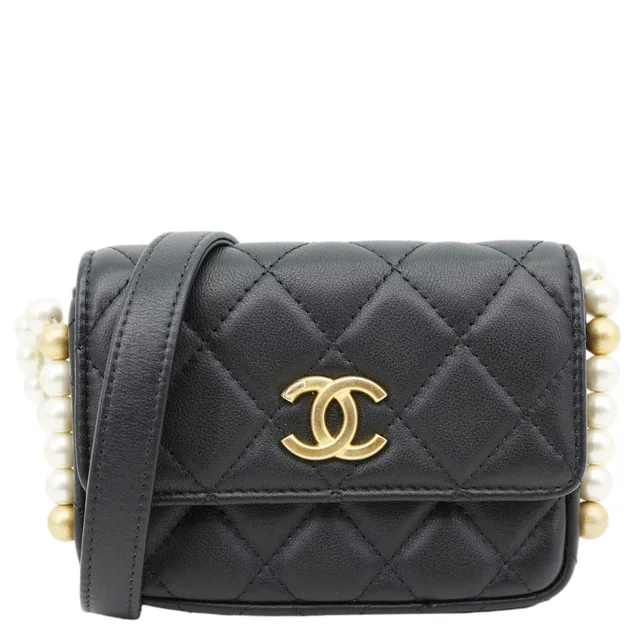 Chanel Flap Pearls Strap Quilted Calfskin Leather Card Holder Black in Black Calfskin from Dallas Designer Handbags