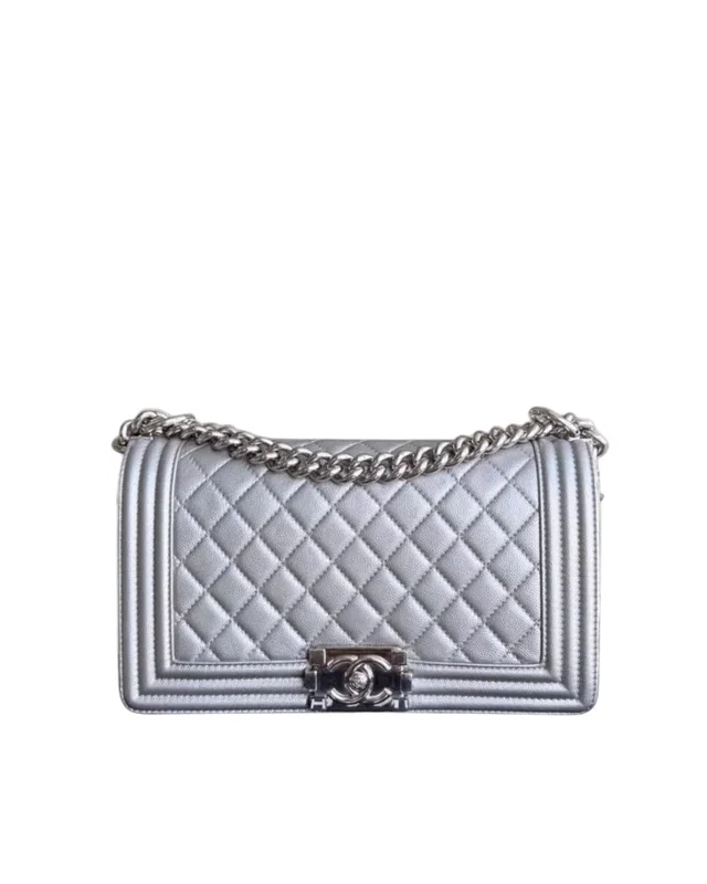 Chanel Boy Medium - Caviar 25cm Quilted Iridescent Silver Hardware Sereis 24 in Caviar leather from Luxury Promise