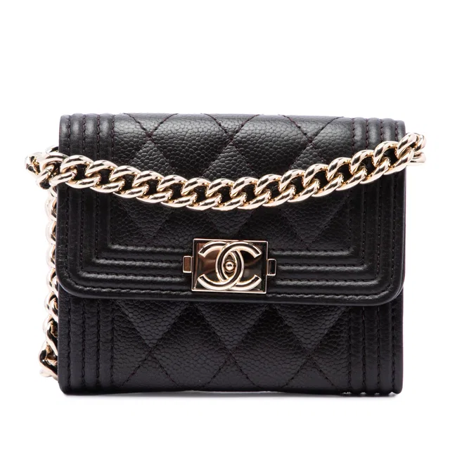 Brown Chanel Quilted Caviar Boy Card Holder with Chain Crossbody Bag in Brown Caviar leather from Designer Revival