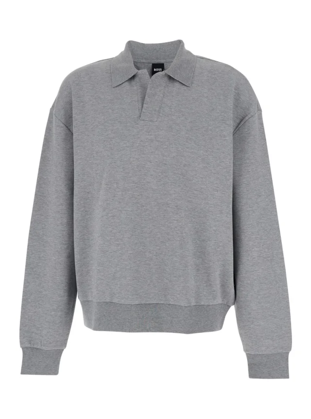 Hugo boss Grey Long Sleeve Polo Shirt with Dropped Shoulders and Ribbed Finishes in Wool for Men in Grey 80% Cotton 14% Polyester 6% Elastane from Gaudenzi Boutique, photo 1 of 1