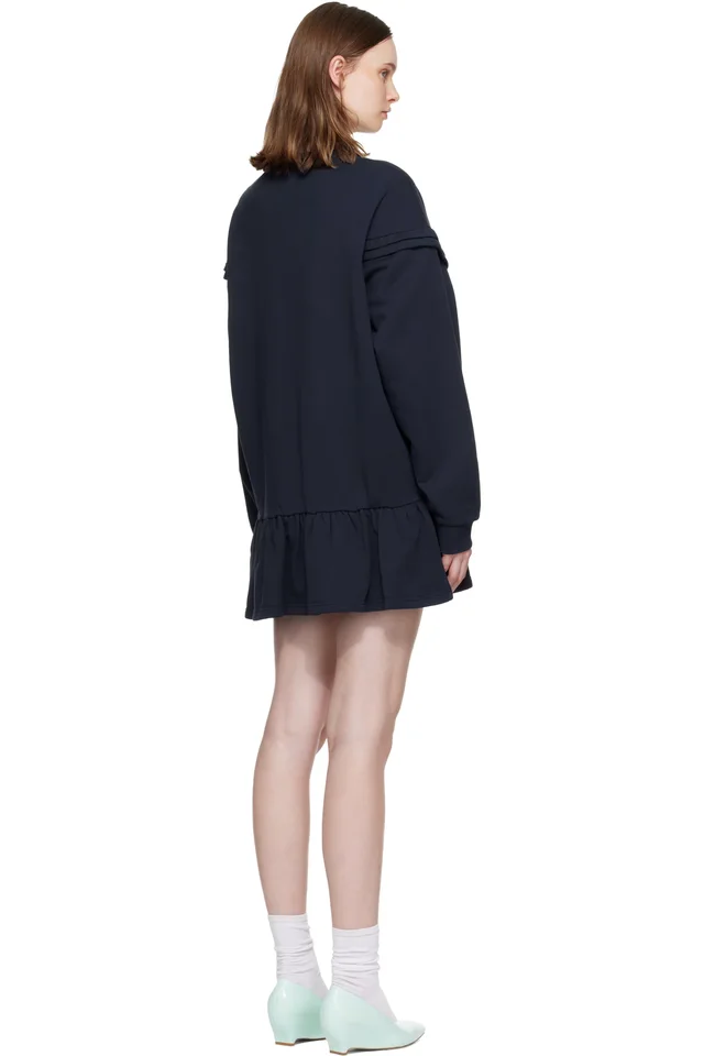 SHUSHU/TONG Navy Raw-Edge Wave Collar Tuck Detail Sweatshirt Minidress, photo 3 of 4 from SSENSE
