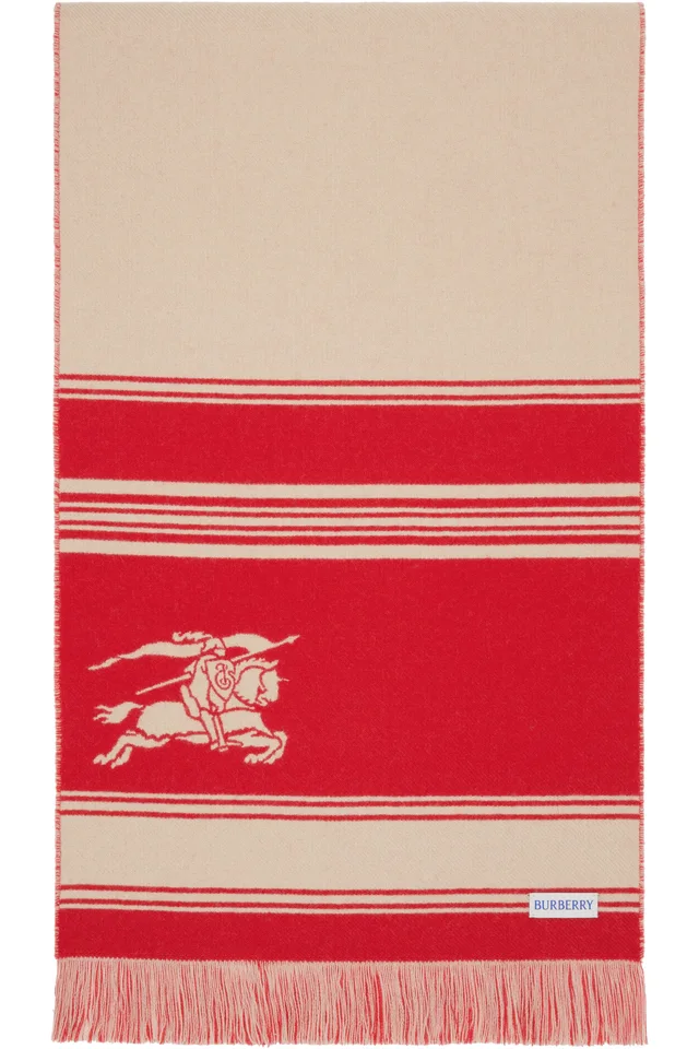 Burberry Red & Beige EKD Striped Wool Scarf, photo 2 of 3 from SSENSE