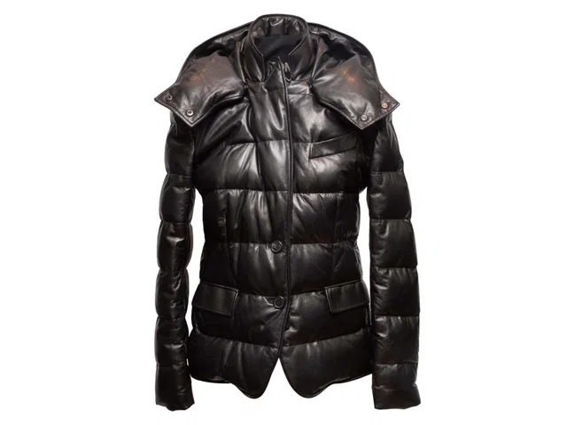 Black Tom Ford Leather Hooded Down Puffer Jacket Size IT 40 in Black Leather from Designer Revival