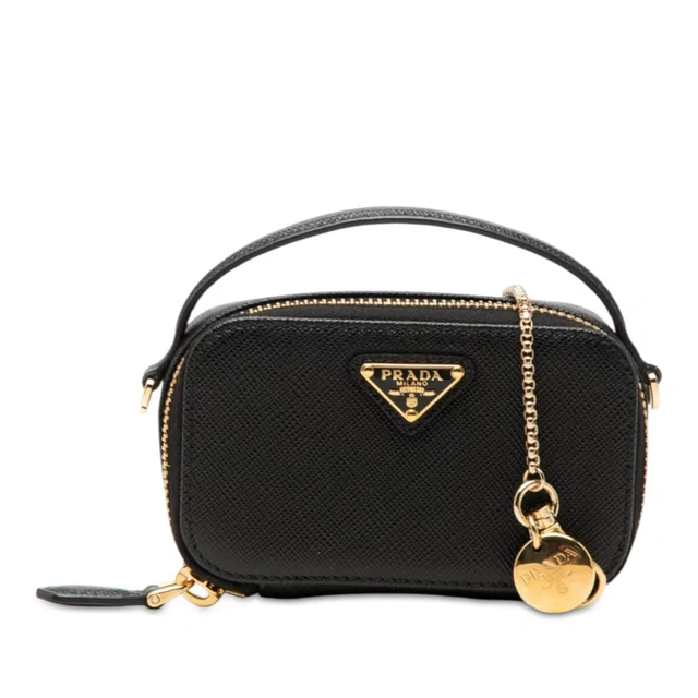 Black Prada Mini Saffiano Pouch Satchel in Black Saffiano leather from Designer Revival