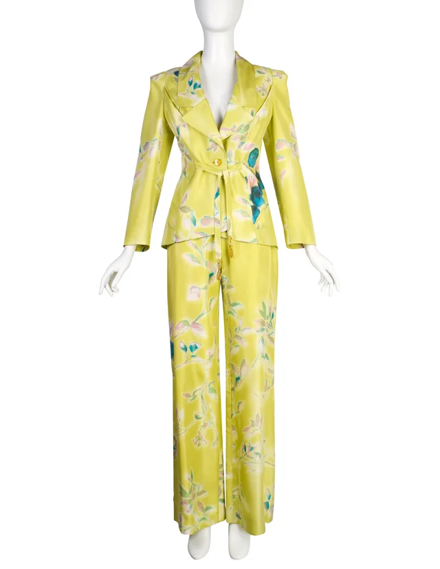 Christian Lacroix Vintage SS 1998 Light Green Watercolor Floral Silk Jacket and Pant Suit in Green Silk from Amarcord Vintage Fashion