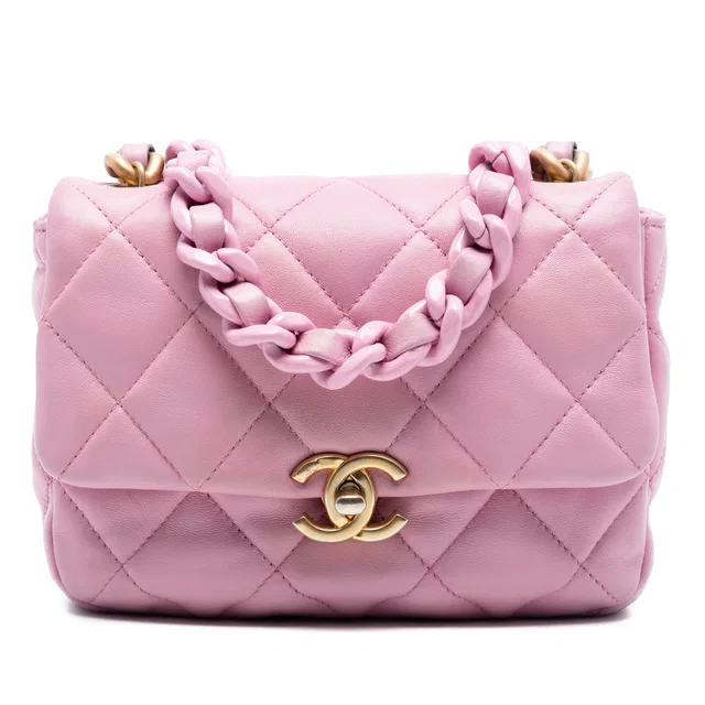 Pink Chanel Mini Quilted Lambskin Candy Chain Flap Crossbody Bag in Pink Lambskin from Designer Revival