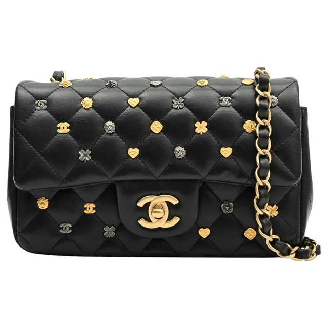 Chanel Matelasse Stitch Lucky Charms CC Turnlock Chain Bag, Black, manufactured around 2018 in Black Lambskin from VINTAGE QOO TOKYO