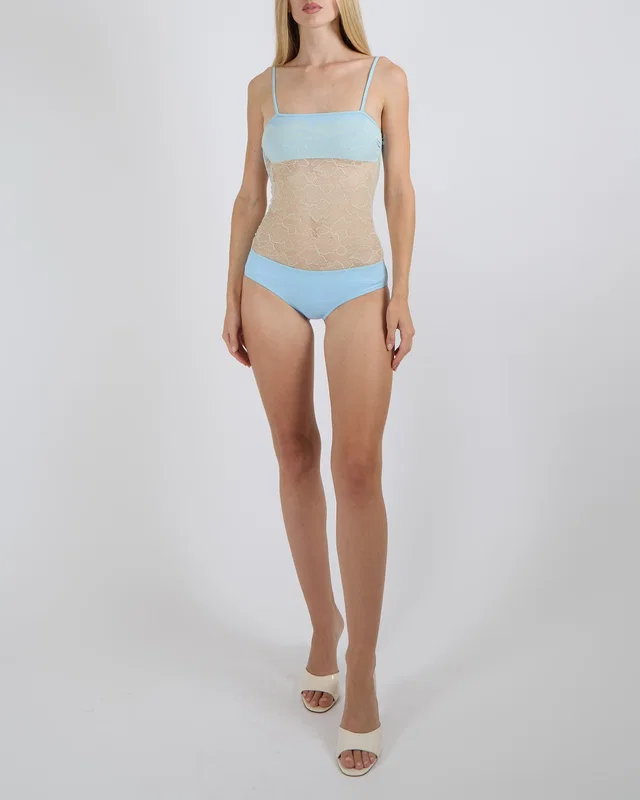 Chanel Vintage Pastel Blue One-Piece Swimsuit with Cream See-Through Lace Insert Size FR 34 (UK 6) in White from Sellier
