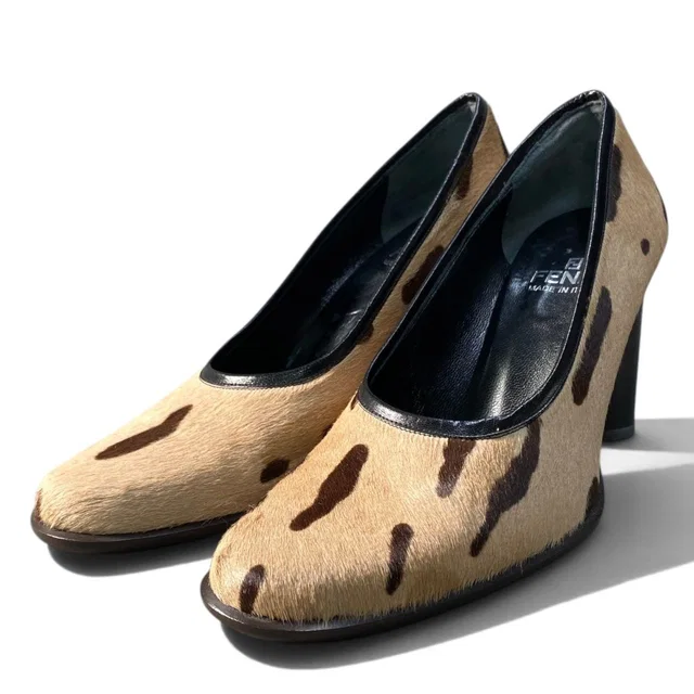 Fendi Calf Hair Vintage Pumps Chunky Heel Shoes Beige Brown in Brown from The Reluxe