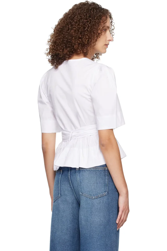 GANNI White Washed Stretch Cotton Tie Strap Blouse, photo 3 of 4 from SSENSE