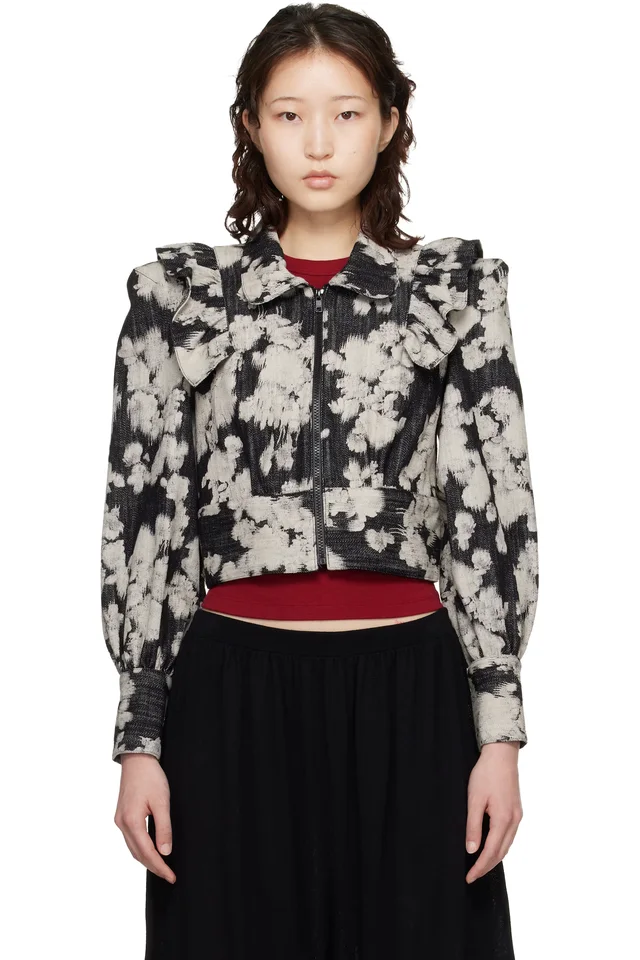 Anna Sui Black & Off-White Cropped Ruffle Jacket, image 1 of 1 from SSENSE