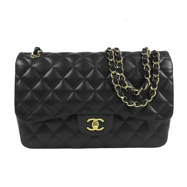 Chanel Chain Shoulder Bag Black Gold Lambskin Quilted 30 Double Flap in Black Lambskin from The Reluxe