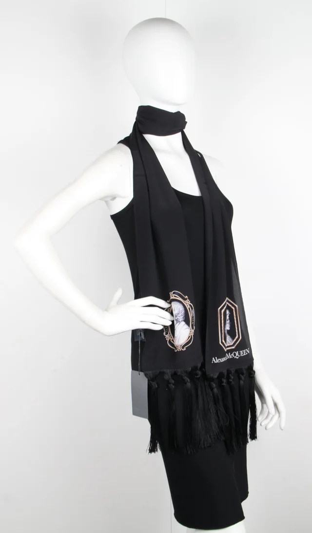 Alexander McQueen Cameo Portrait Silk Tassel Scarf, Black from Cultstatus, photo 1 of 1