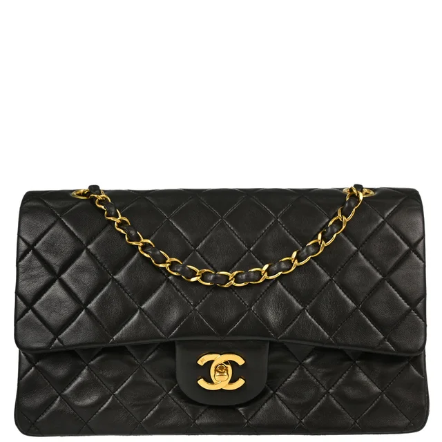 Chanel Black Lambskin Medium Classic Double Flap Shoulder Bag in Black Lambskin from AMORE Vintage Tokyo