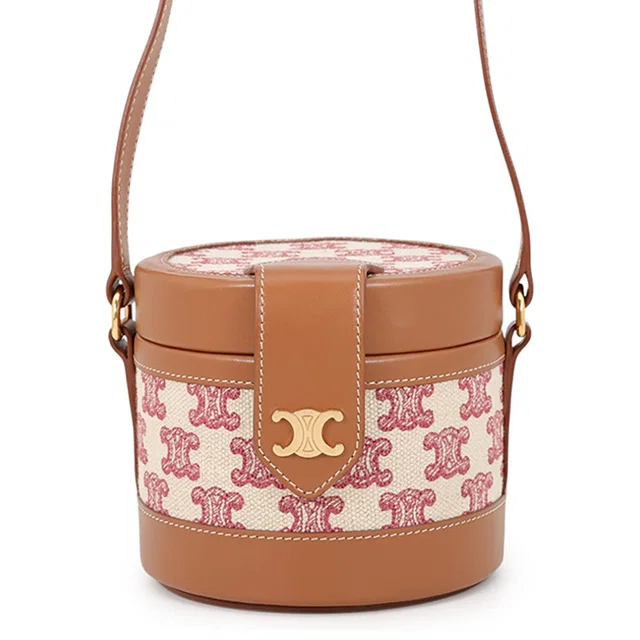 Celine Triomphe Tambour Shoulder Bag Brown/Beige/Red Leather Canvas Size Small in Brown Canvas from GALLERY RARE