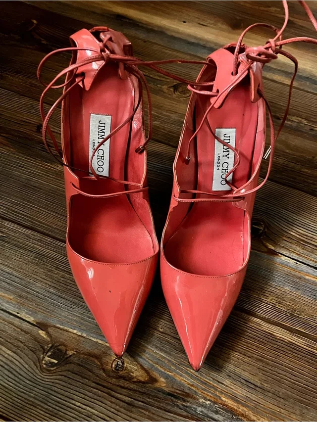 Jimmy Choo Coral Patent Pointed-Toe Lace-Up Pumps With Ankle Ties in pink Patent leather from Poshmark
