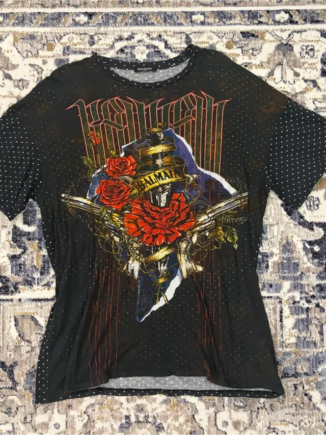 Balmain Black Graphic Tee With Red Rose And Gold Accents in black|red from Poshmark