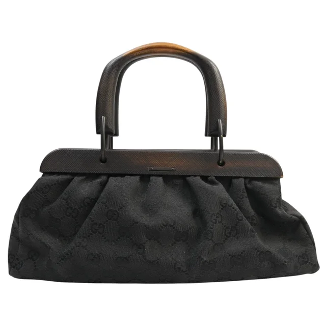 Gucci Canvas GG pattern wood-handled bag, black from VINTAGE QOO TOKYO
