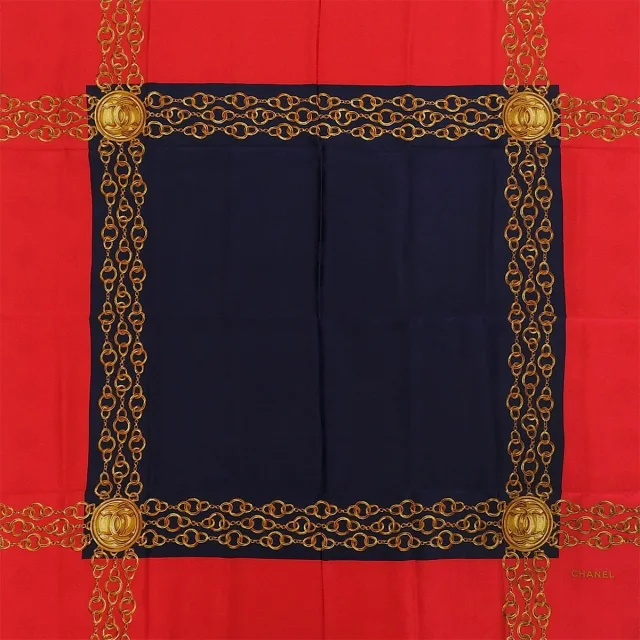 Chanel CC Mark Chain Pattern Scarf Red/Navy in Red Silk from VINTAGE QOO TOKYO, photo 6 of 10