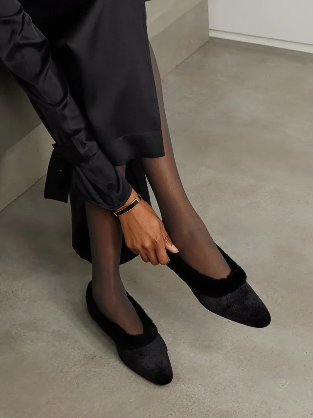 TOTEME Shearling-trimmed velvet ballet flats in Black, photo 2 of 2 from NET-A-PORTER (Canada)