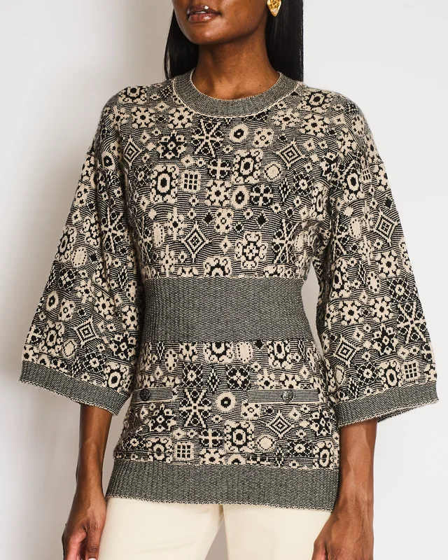Chanel Fall 2011 Black and Cream Cashmere Abstract Print Top with Silver Textured CC Logo Buttons… in Black Cashmere from Sellier, photo 2 of 2
