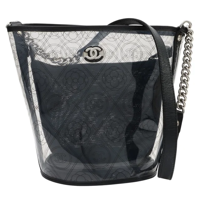 Chanel 2018-era Camellia CC Mark Print Shoulder Bag, Clear/Black in Black Leather from VINTAGE QOO TOKYO